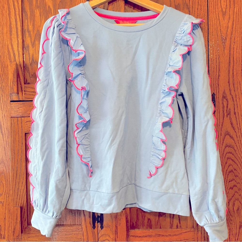 Lilly Pulitzer Suzy Sweatshirt blue with pink scalloped ruffles long sleeve sz S